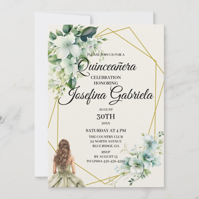 Convite Quinceañera green floral Invitation (Frente)