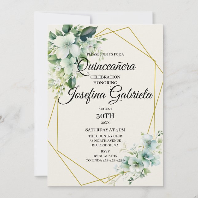 Convite Quinceañera Green floral Invitation (Frente)