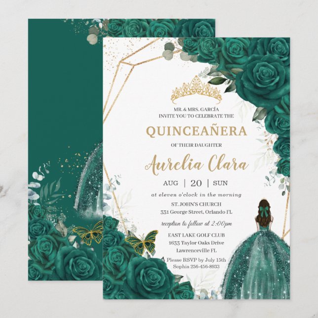 Convite Quinceañera Green Rosas Floral Dourada Princesa Co (Frente/Verso)
