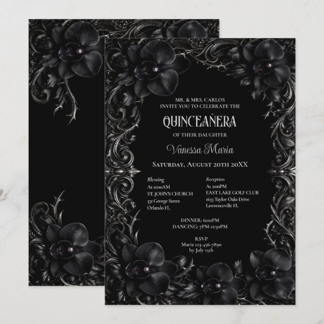Convite Quinceanera Halloween Gótico de Orquídeas  (Frente/Verso)