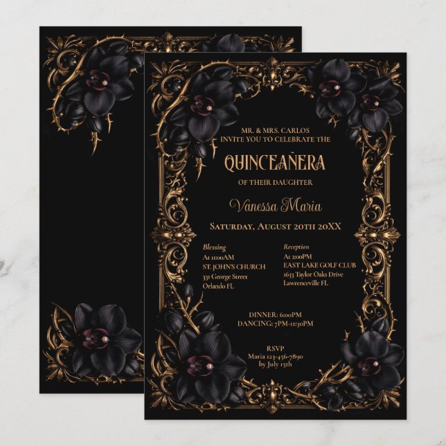 Convite Quinceanera Halloween Gótico Orquídeas Pre (Frente/Verso)