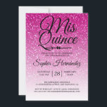 Convite Quinceañera Hot Pink Glitter 15 Aniversário<br><div class="desc">Um convite de 15 anos, glamouroso, moderno e cor-de-rosa-quente, design de Quinceañera, apresenta o texto "Mis Quince" na caligrafia manuscrita em chic preto. Convite de aniversário perfeito para uma Quinceañera glamourosa, perfeita para ela, a modista que ama padrões modernos, brilho, luxo e vidro. Desenvolvido exclusivamente para você pelo Happy Dolphin...</div>