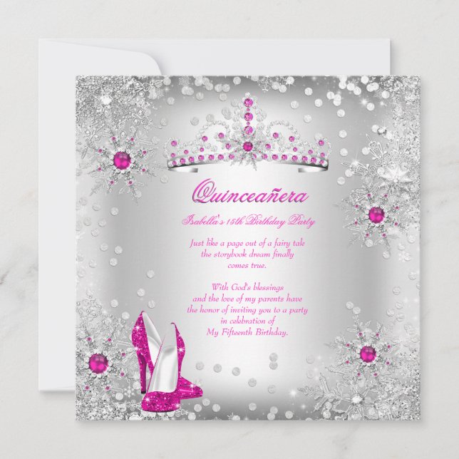 Convite Quinceanera Hot Pink Silver Winter Wonderland (Frente)