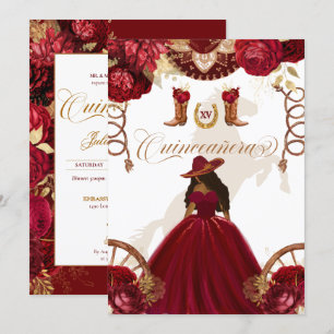 Convite Quinceanera I Dourada Burgundy Western Charro 2 Si