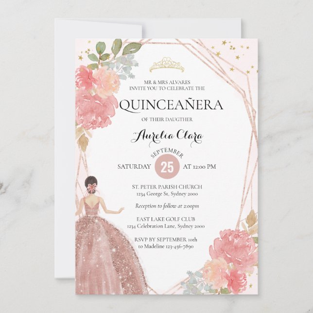 Convite Quinceañera I, Geométrica Floral Cor-de-Chic, Dour (Frente)