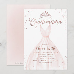 Convite Quinceañera i, vestido cor-de-rosa com rosa de ou