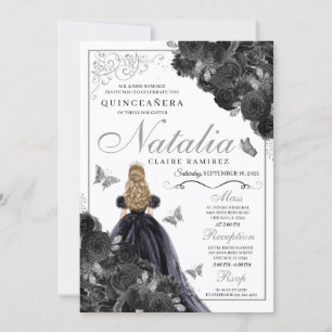 Convite Quinceanera Indígena Floral Elegante Preta e Prata