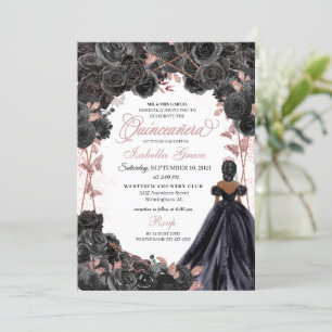 Convite Quinceanera Inv Floral Elegante Preta e Rosa Doura