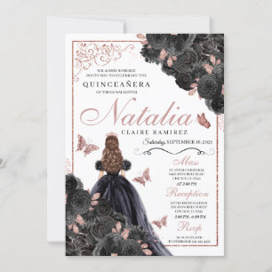 Convite Quinceanera Inv Floral Elegante Preta e Rosa Doura