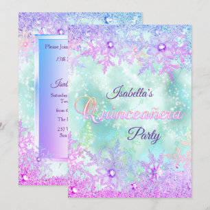 Convite Quinceanera Inverno Azul Turquesa Roxo Rosa