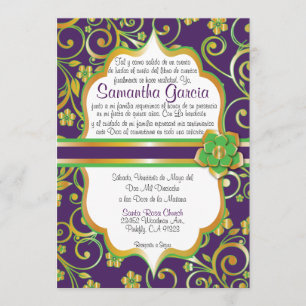 Convite Quinceañera Invi, Espanhola Verde e Dourada Roxa