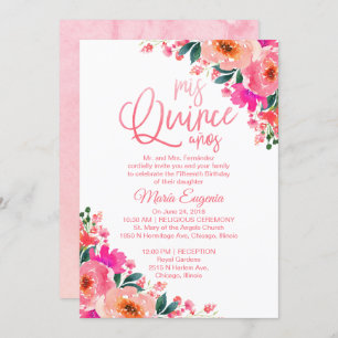 Convite Quinceanera Invisões Florais Quentes Rosa