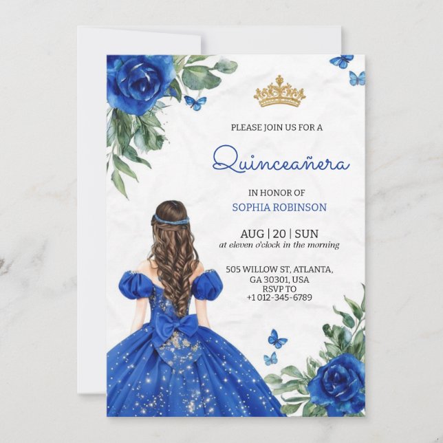 Convite Quinceanera Invitation  a girl wearing blue gown (Frente)