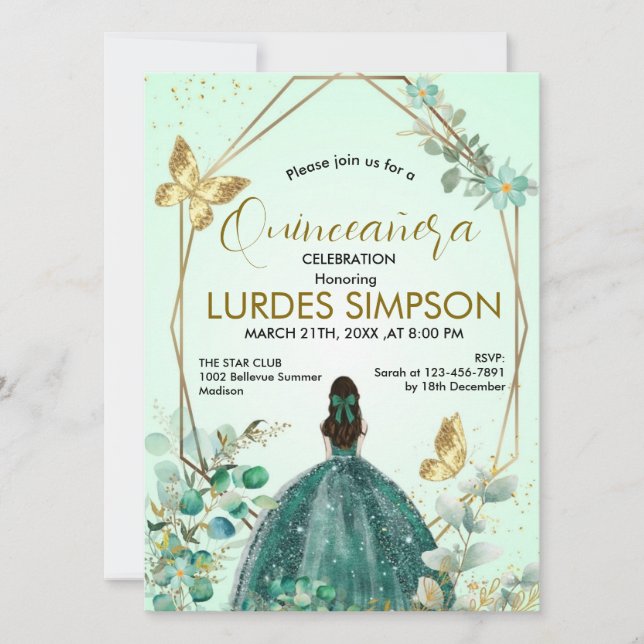 Convite  Quinceañera invitation Butterfly Green & Gold (Frente)