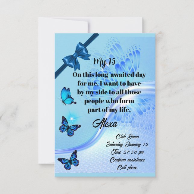 Convite Quinceanera invitation digital butterfly blue (Frente)