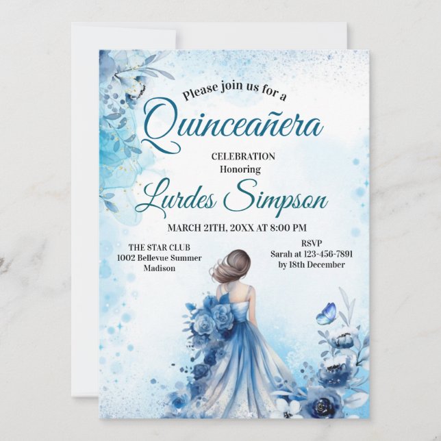 Convite  Quinceañera invitation Elegant Blue (Frente)