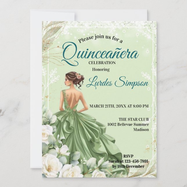 Convite  Quinceañera invitation Elegant Green (Frente)
