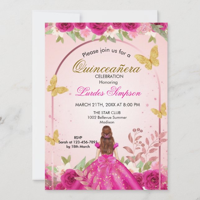 Convite  Quinceañera invitation Elegant Pink (Frente)
