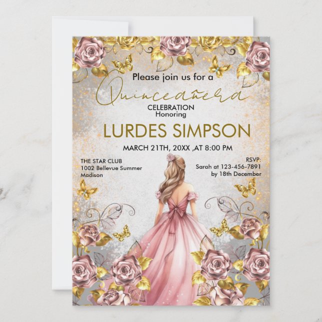 Convite  Quinceañera invitation Floral Gold (Frente)