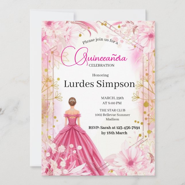 Convite  Quinceañera invitation  Floral Pink (Frente)