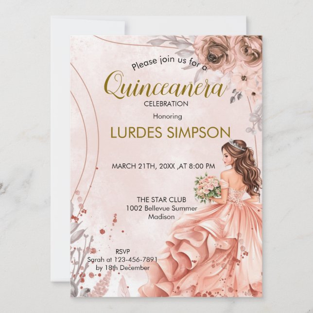 Convite  Quinceañera invitation Floral Rose (Frente)