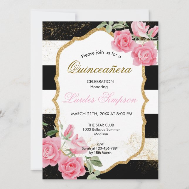 Convite  Quinceañera invitation Stripe Floral (Frente)