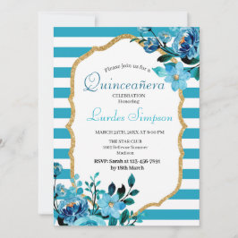 Convite  Quinceañera invitation Stripe Floral Blue