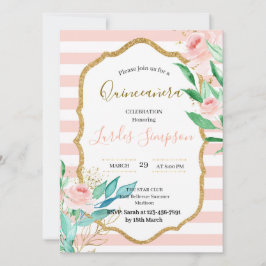 Convite  Quinceañera invitation Stripe Floral Pink