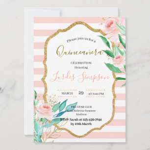 Convite Quinceañera invitation Stripe Floral Pink