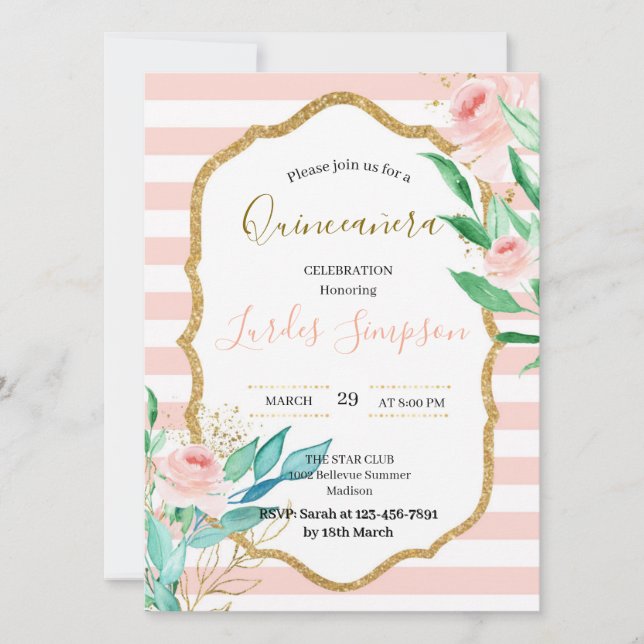 Convite  Quinceañera invitation Stripe Floral Pink (Frente)