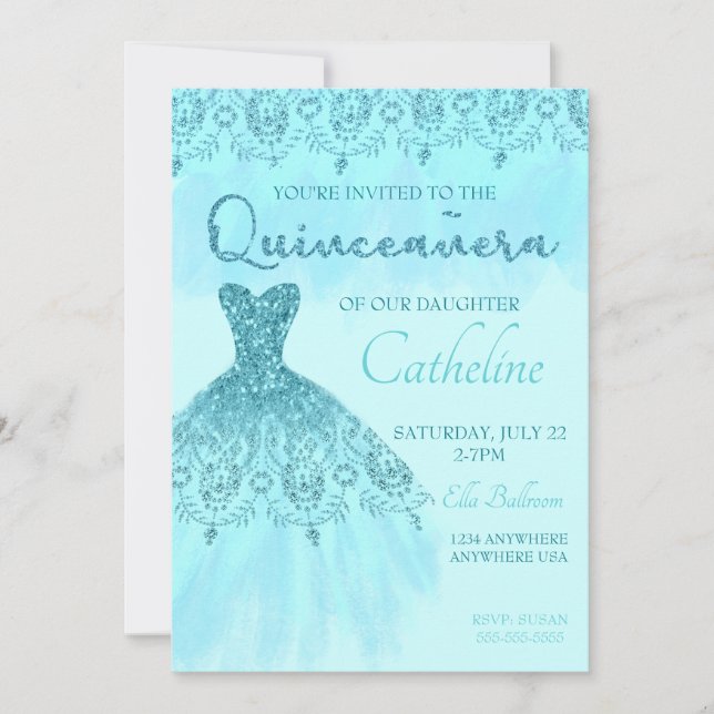 Convite Quinceanera Invitation Teal Glitter, 15 (Frente)