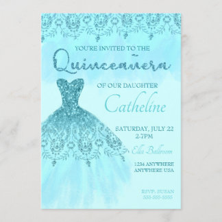 Convite Quinceanera Invitation Teal Glitter, 15