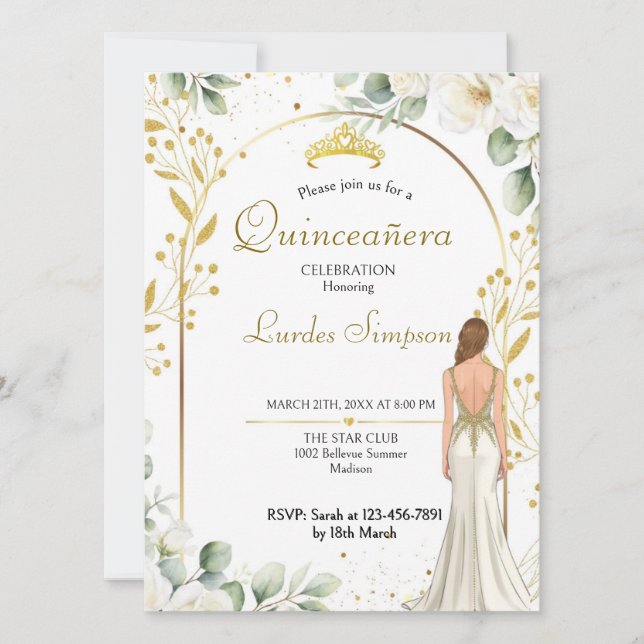 Convite  Quinceañera invitation White Floral  (Frente)