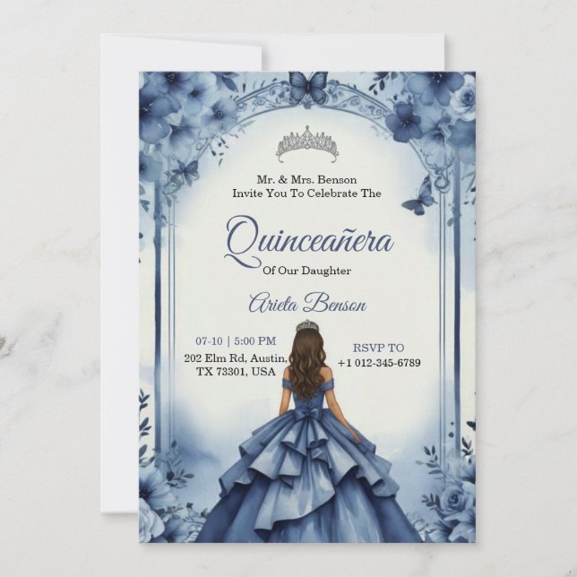 Convite Quinceanera Invitation with a girl in blue gown (Frente)