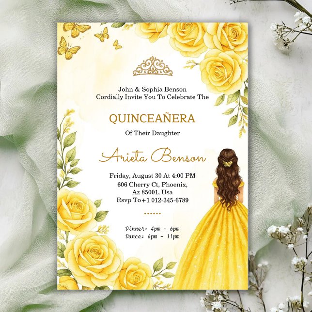Convite Quinceañera invitation with elegant yellow roses  (Criador carregado)