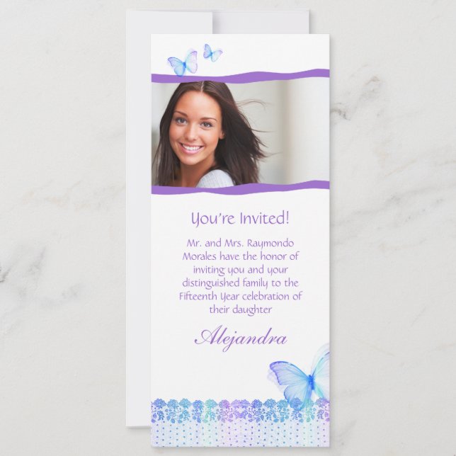 Convite Quinceanera Invitations Borboleta Azul Roxo (Frente)