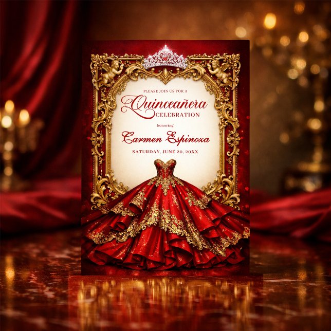 Convite Quinceañera Invitations Red & Gold Royal Ball Gown (Criador carregado)