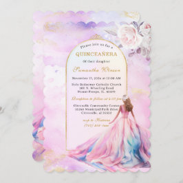 Convite Quinceanera Invoca rosa e Dourada