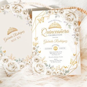 Convite Quinceanera Ivory Dourada Cream Floral