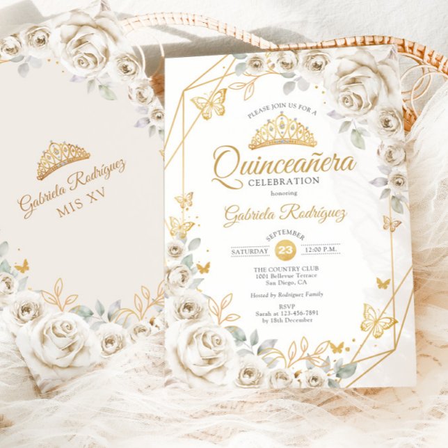 Convite Quinceanera Ivory Dourada Cream Floral (Criador carregado)