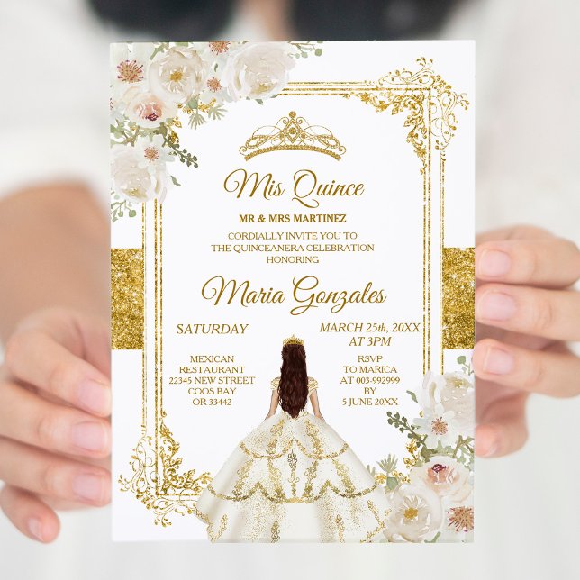 Convite Quinceanera Ivory White Dourada Coroa de Aniversár (Criador carregado)