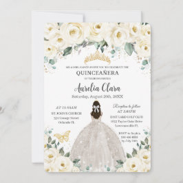 Convite Quinceañera Ivory White Floral Dourada Tiara Vesti