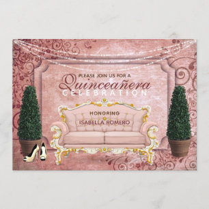 Convite Quinceañera, Jardim Tópico Dourado Rosa Rosa Rosa