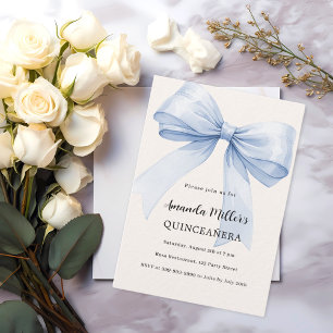 Convite Quinceanera laço azul creme luxo