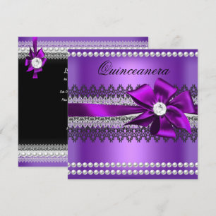 Convite Quinceanera Laço Roxo Pérola Preta Renda Diamante
