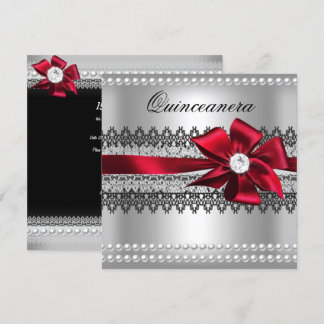 Convite Quinceanera Laço Vermelho Pérola Preta Renda Diama
