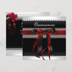 Convite Quinceanera Laço Vermelho Pérola Preta Renda Diama