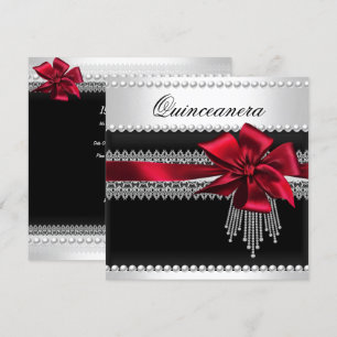 Convite Quinceanera Laço Vermelho Pérola Preta Renda Diama