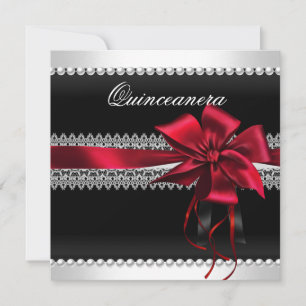 Convite Quinceanera Laço Vermelho Pérola Preta Renda Diama