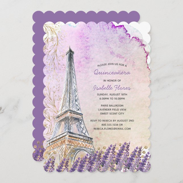 Convite Quinceanera, Lavanda da Torre Eiffel de Paris (Frente/Verso)